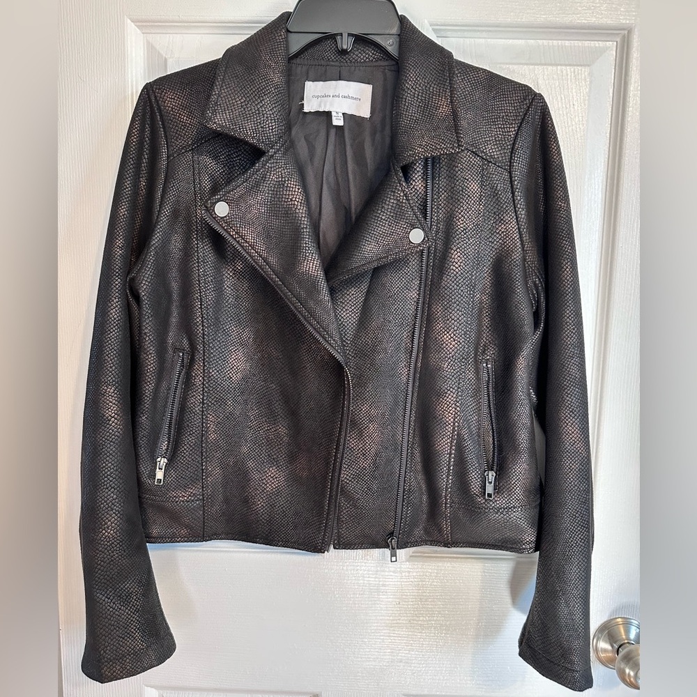 cupcakes & cashmere Metallic Black Leather Jacket